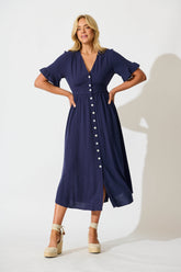 Navy Linen Blend Midi Dress - Daysia